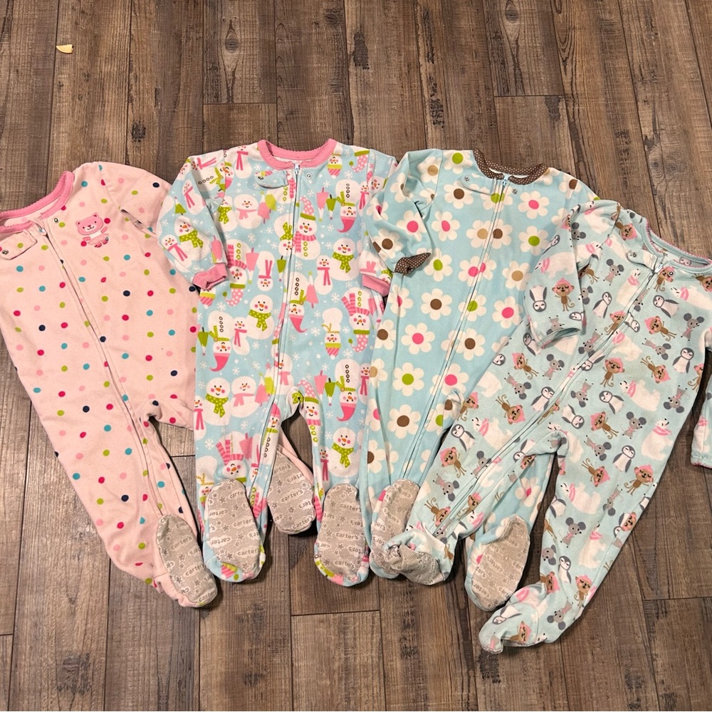 Lot of 4 Carter's Toddler Girl Fleece Footed Pajamas, 24 Months Animals